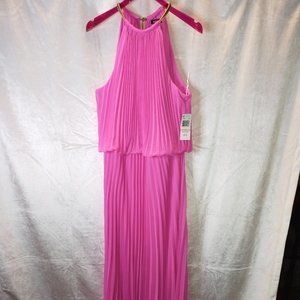 MSK Pink pleated maxi dress with gold chain halter neck.